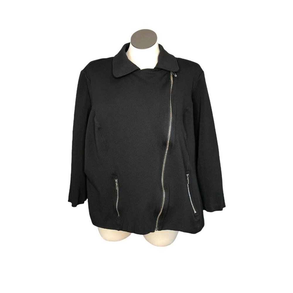 C J Banks Asymmetrical Black Jacket Womens 3X Zippeded Pockets Blazer EUC Stretc